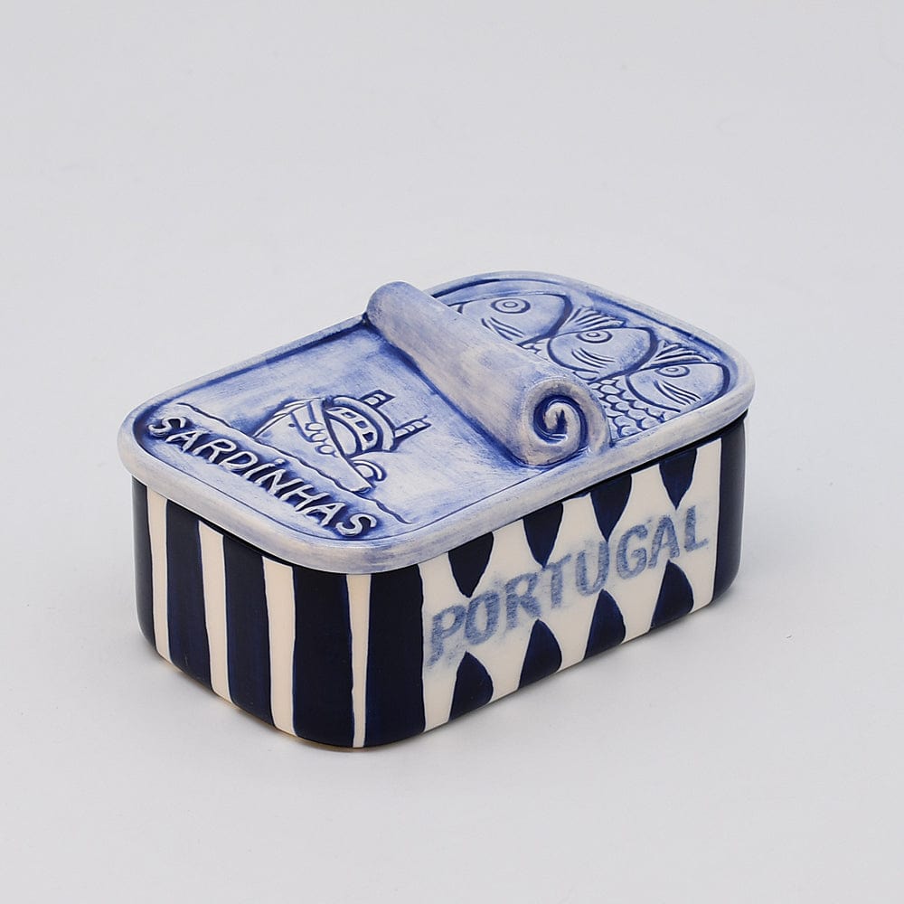 Boite en céramique en forme de conserve de sardines Boite à sardines en céramique rayée - Bleu