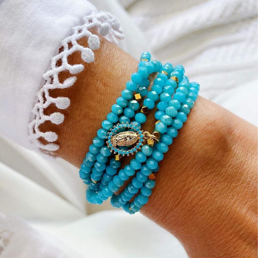 Bracelet en liège I Médaillon rose Azulejos I Bijoux portugais Bracelet perles de verre turquoise