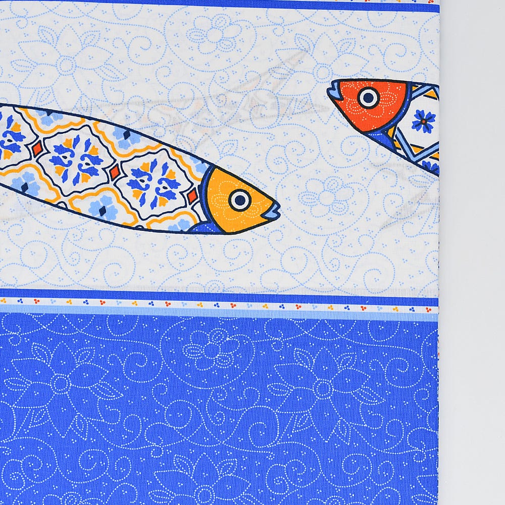 Nappe bleue 100% coton du Portugal I Imprimée motifs sardine Nappe en coton "Sardinha" - Bleue