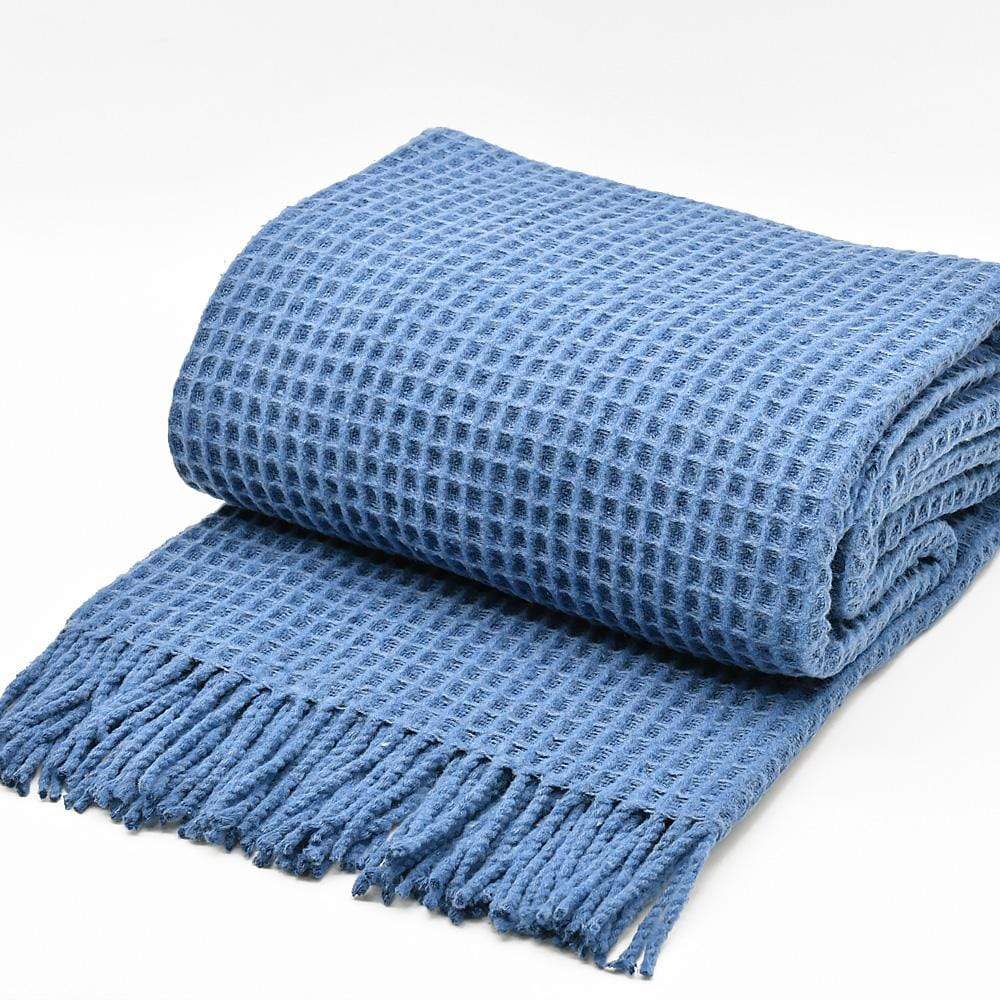 Plaid à franges en coton gaufré Bleu Plaid à franges en coton gaufré 200x140 - Bleu